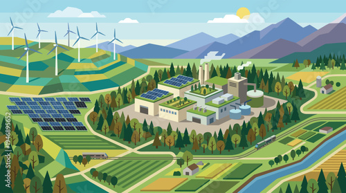 A vector illustration of a green factory powered by solar panels and wind turbines, integrated harmoniously into a rural landscape with mountains, forests, and farms.