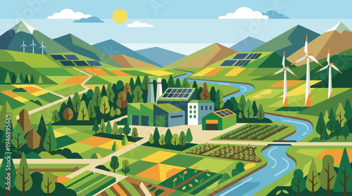 A vibrant, eco-friendly landscape features a factory powered by wind turbines and solar panels, set among green fields, mountains, and a clear river, illustrating a sustainable future.