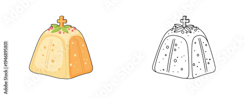 Traditional Easter curd dessert cartoon illustration with cross and leaves in beige and green colors used for holiday celebration and coloring activity