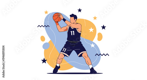 Skilled basketball player wearing number eleven jersey dribbling the ball against a stylized abstract background with stars and curves.