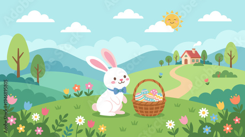 This cheerful flat illustration features a white Easter bunny with a blue bow tie sitting beside a basket of colorful patterned eggs in a vibrant spring meadow under a sunny blue sky.