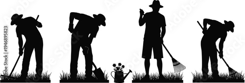 Gardeners working in garden silhouette set with rake shovel watering can grass landscaping maintenance outdoor workers gardening activity spring nature