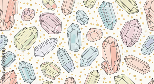 Beautiful seamless pattern featuring assorted colorful crystals and gemstones with gold polka dots on a light cream-colored background.