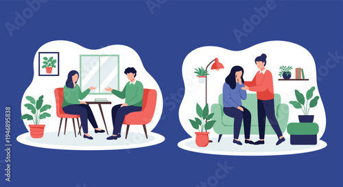 Mental health support scenes depicting professional therapy sessions and friends offering comfort to a person in distress on a blue background.