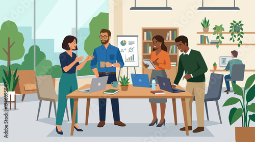 Illustrated vector of a multiethnic business team actively discussing a project around a modern office table, surrounded by laptops, plants, and data charts, emphasizing teamwork and productivity.