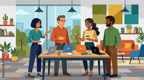 Four diverse business professionals, two men and two women, happily collaborate around a table with laptops in a bright, modern office, showcasing teamwork and engagement in a flat design illustration