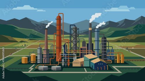 An illustration of a bustling industrial plant featuring chimneys emitting smoke amidst a serene mountain valley landscape with agricultural fields and winding roads, depicted in a clean.