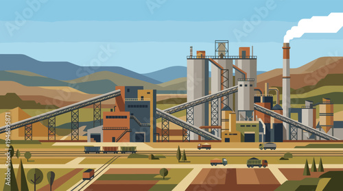 A detailed vector illustration depicts a sprawling industrial cement plant with silos, conveyor belts, and a smoking chimney, set against a backdrop of rolling hills and fields with trains and trucks