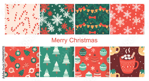 Festive collection of eight holiday-themed cards and patterns featuring candy canes, snowflakes, Christmas trees, ornaments, and hot cocoa.