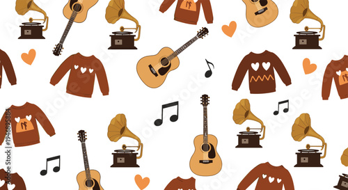 Charming seamless pattern including vintage gramophones, acoustic guitars, cozy sweaters, hearts, and musical notes on a white background.