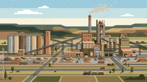 A flat vector illustration depicts a large industrial cement plant with a smoking chimney, tall silos, complex conveyor belts, trucks, and a train transporting materials across a rural landscape under