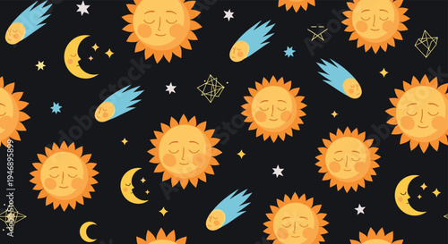 Magical seamless night sky pattern featuring sleeping suns, crescent moons, shooting stars, and constellations on a dark black background.