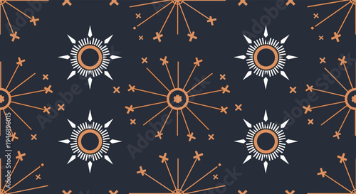 Sophisticated seamless pattern featuring stylized geometric sunbursts and cross symbols in white and orange on a dark navy blue background.