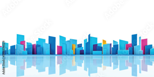 An abstract 3D blue vector illustration of a modern metropolis skyline featuring sleek skyscrapers and business architecture in a downtown urban cityscape