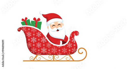 Jolly Santa Claus waving from his festive red sleigh filled with green gift boxes decorated with white snowflake patterns on a white background.