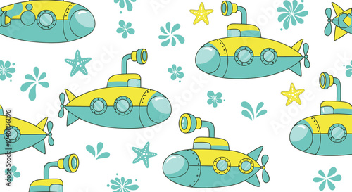 Fun seamless pattern for kids featuring bright yellow and teal submarines with starfish and sea flowers on a crisp white background.