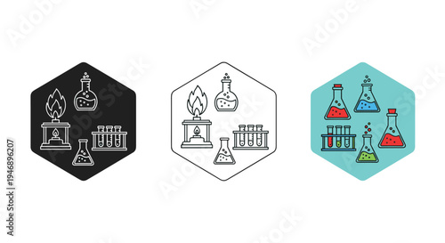 Set of laboratory and chemistry research icons featuring beakers, test tubes, and burners in three different color styles and hex frames.
