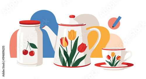 Beautiful kitchen still life featuring a ceramic teapot, cup, and jar decorated with colorful tulips and cherries on an abstract background.
