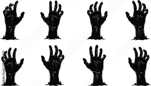 Creepy black hand silhouettes emerging from ground, spooky zombie undead gestures perfect for Halloween horror vector illustration design art
