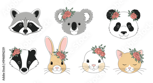Set of cute animal faces with flowers including a raccoon, koala, panda, badger, rabbit, bunny, and cat with floral crowns.