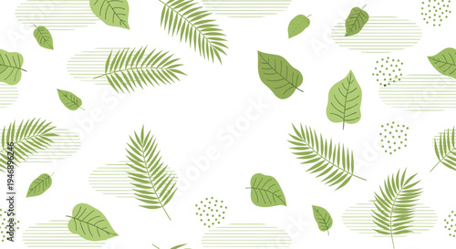 Fresh and natural seamless pattern featuring various green leaves and thin horizontal lines on a clean white background.