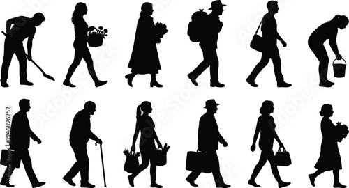 People walking silhouette collection, men and women carrying bags, flowers and tools, everyday lifestyle characters, pedestrian human figure icon set