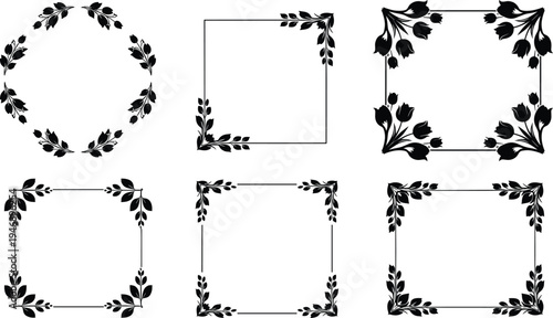 Decorative floral frame silhouettes featuring circular and square designs with leaves and flowers for invitations, greeting cards, and borders