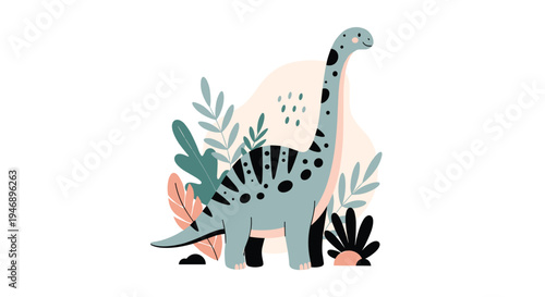 Detailed illustration of a large teal brachiosaurus dinosaur standing among tropical jungle leaves and abstract pink shapes.