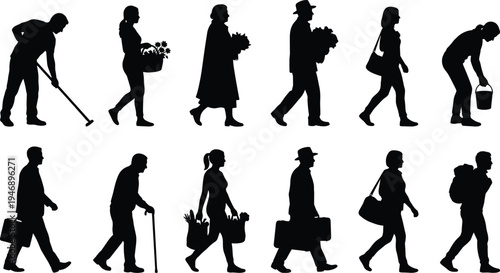 People walking silhouette icon set, men and women carrying bags, flowers and tools, urban lifestyle pedestrian characters collection