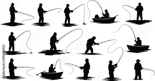 Collection of twelve black silhouettes of people fishing in various poses, casting lines, holding rods, and enjoying outdoor recreation.