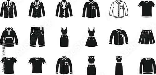 Collection of twenty black and white clothing icons featuring suits, shirts, t-shirts, hoodies, shorts, dresses, skirts, sweaters, fashion silhouettes
