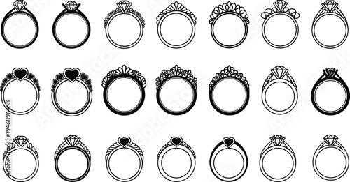 Collection of twenty black and white ring silhouettes featuring diverse designs with gemstones, hearts, filigree, and classic solitaire settings.