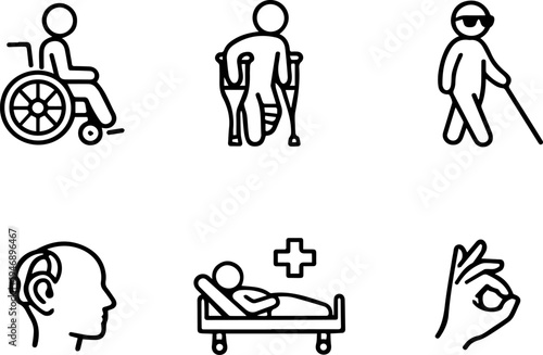 Disability accessibility support and assistive icons. Vector