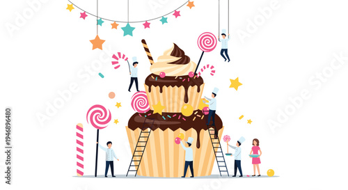 Tiny pastry chefs decorating a giant chocolate frosted cupcake with colorful sprinkles, stars, and lollipops at a festive party.