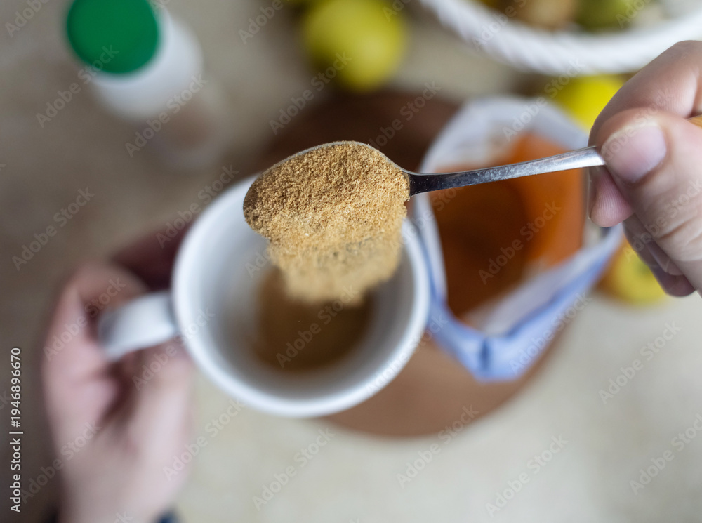 custom made wallpaper toronto digitalPerson adding apple fiber powder to a glass of yogurt, surrounded by fresh apples and walnuts. Healthy prebiotic supplement for gut health, digestion and weight management.