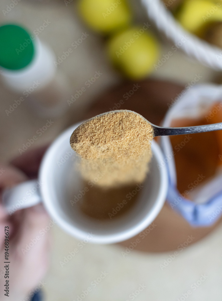 custom made wallpaper toronto digitalPerson adding apple fiber powder to a glass of yogurt, surrounded by fresh apples and walnuts. Healthy prebiotic supplement for gut health, digestion and weight management.