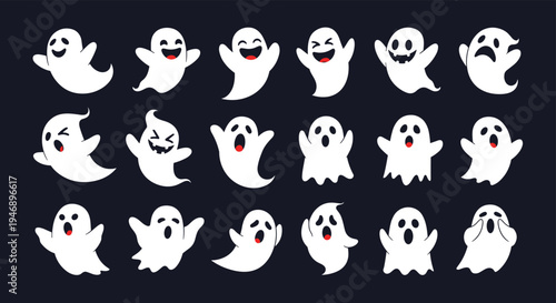 Large collection of eighteen cute white ghost characters with funny facial expressions isolated on a dark blue background.