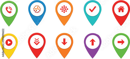 Colorful map pin icons set with phone, house, arrows, play button, check mark, dots, navigation, and location graphics