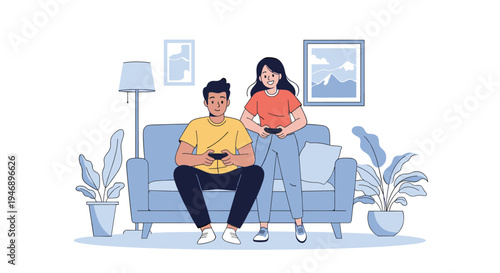 Young man and woman sitting on a blue couch in a living room playing video games with controllers during leisure time at home.