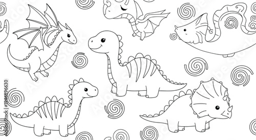 Detailed black and white line art seamless pattern featuring various cute cartoon dinosaurs and decorative swirls for coloring.