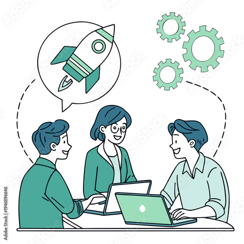 Three professional colleagues collaborating on a new business startup project with digital laptops