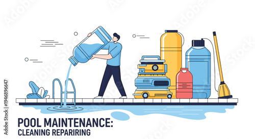 Professional pool maintenance concept showing a technician adding chemicals and cleaning equipment on the deck by blue water.