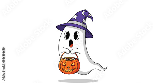 Cute cartoon ghost wearing a purple wizard hat and holding an orange pumpkin bucket full of sweet treats for Halloween holiday.