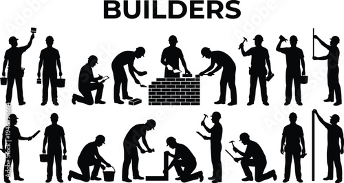 Builders worker silhouette collection, construction laborers with tools, bricklaying and repair activities, industrial workforce icons, construction site worker pictogram set