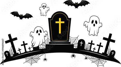 Halloween graveyard scene with ghosts, bats and tombstones, spooky cemetery silhouette illustration with spider webs for horror decoration