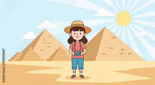 Cheerful young girl tourist with a camera standing in the desert with the great pyramids of Egypt under a bright shining sun.