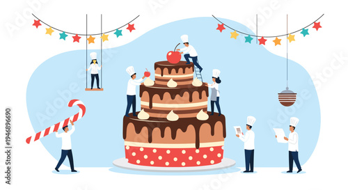 Busy tiny bakers collaborating to decorate a massive multi layer chocolate cake with cherries and white frosting for a party.