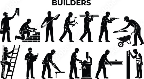 Builders worker silhouette icon set, construction labor activities with tools, industrial workforce symbols, engineering and building site worker pictograms