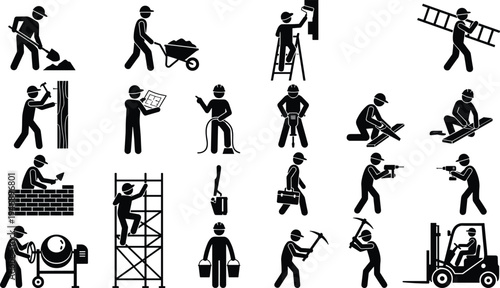 Construction worker silhouette icon collection, builders using tools and equipment, industrial labor activities, engineering workforce symbols, construction site pictogram set
