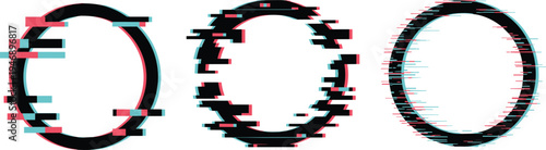 Glitch oval frame set with digital distortion effect cyberpunk abstract border shapes for modern tech design vector illustration